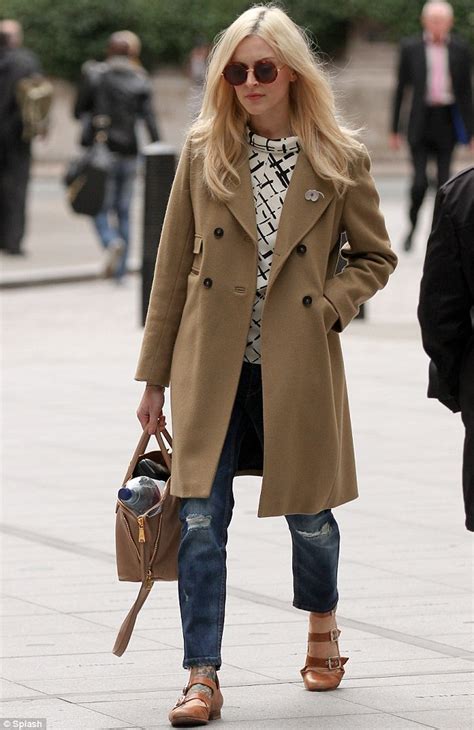 fearne cotton looks very matchy matchy in smart camel coat and tan shoes before toning it down