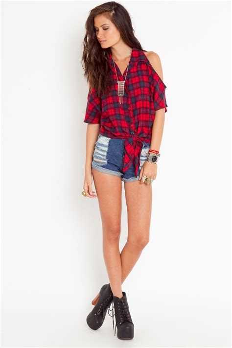 nasty gal cut up flannel shirt in red lyst