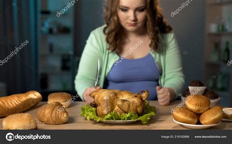 Fat Lady Eating Chicken Hungry Fat Lady Preparing Eat Roast Chicken