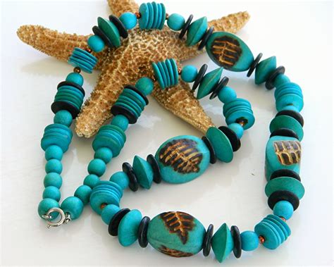 vintage handmade wooden necklace chunky turquoise brown beads long necklaces pendants