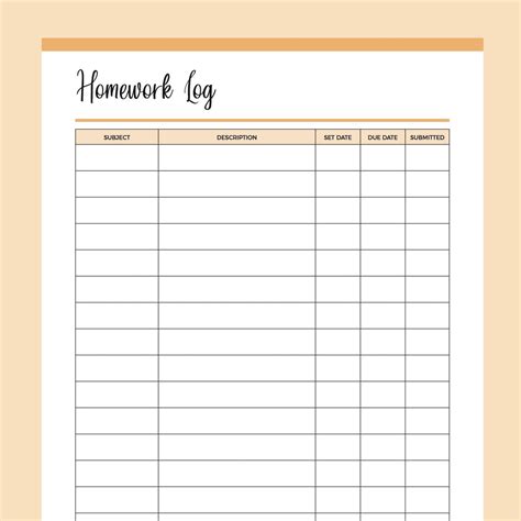 printable student homework log instant   plan print land
