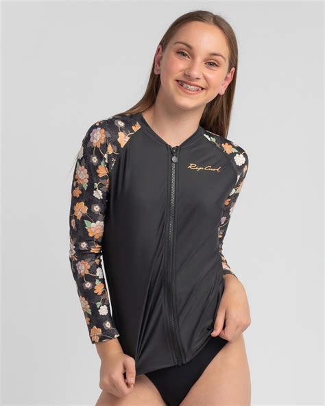 rip curl girls long sleeve rash vest in washed black fast shipping