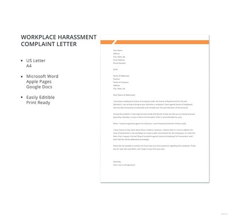 workplace harassment complaint letter template  microsoft word