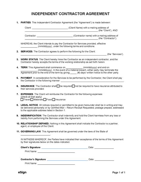 page simple independent contractor agreement template  word