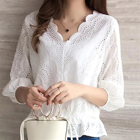 cotton eyelet embroidered panel blouse  white collar  neck