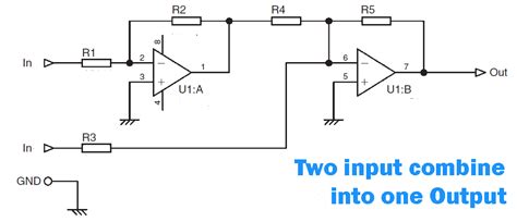 mixing stereo input  mono output electronic circuit