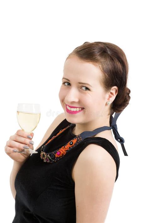 Beautiful Young Brunette Woman Holding A Glass Of White Wine Stock