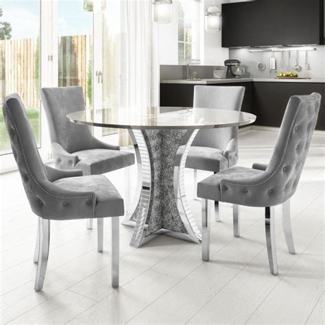 Round Mirrored Glass Top Dining Table With 4 Dining Chairs In Grey