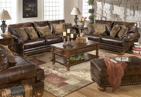 Ashley Antique Brown Bonded Leather Sofa Rolled Arms