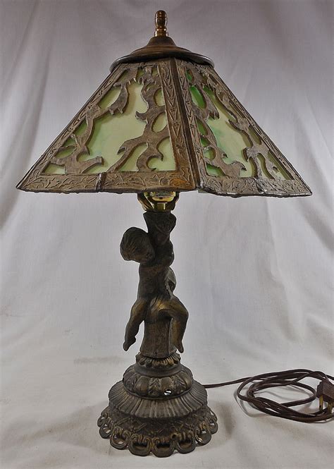 Antique Cast Metal Figural Table Lamp W Green Slag Glass