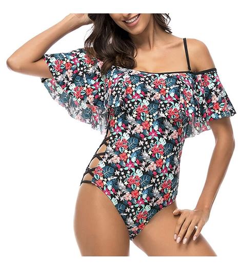 women sexy strappy one piece swimsuit shoulder off floral printed