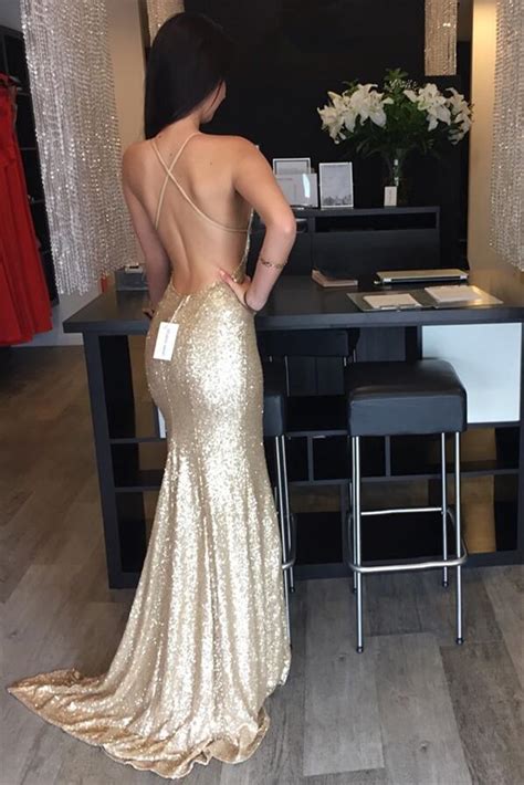 Backless Sequin Evening Prom Dress Mermaid Gold Party