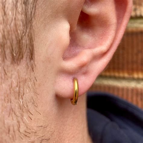 Mens Gold Hoop Earrings 18k Gold 12mm Mens Mini Huggie Hoop Earrings