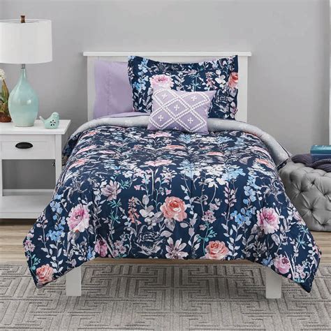 mainstays navy floral bed   bag coordinating bedding set twin xl walmartcom walmartcom