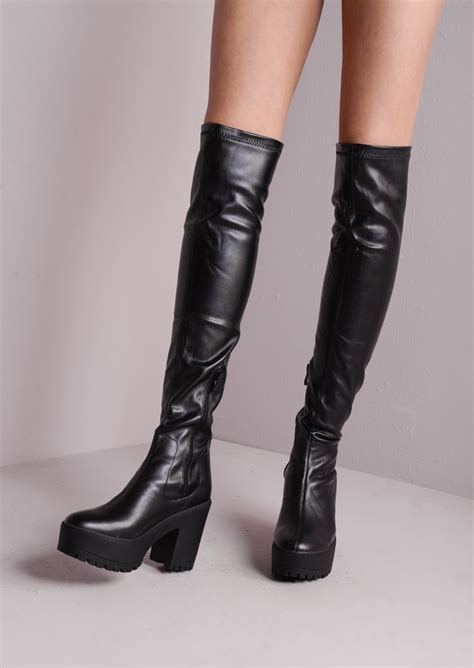 over the knee cleated sole faux leather platform boots black