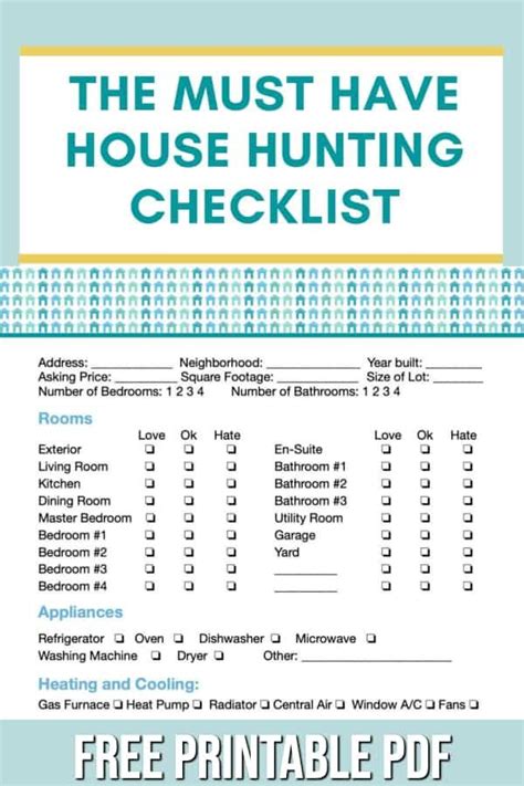 house hunting checklist  home buying checklist printable house
