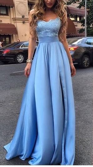 Fashion Long Sexy Slit Ice Blue Lace Prom Dress