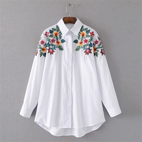 floral embroidered blouse shirt 2017 autumn women slim white turn down