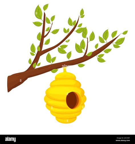 Bee Hive On Tree Branch In Cartoon Style Isolated On White Background