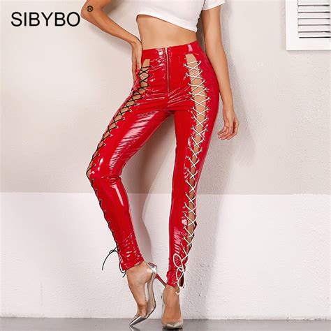 sibybo lace up high waist pu sexy pants women fashion hollow out zipper