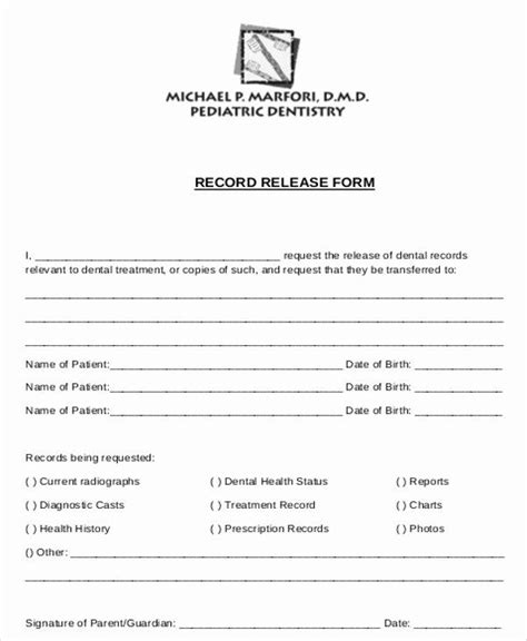 medical records forms template    sample dental records release