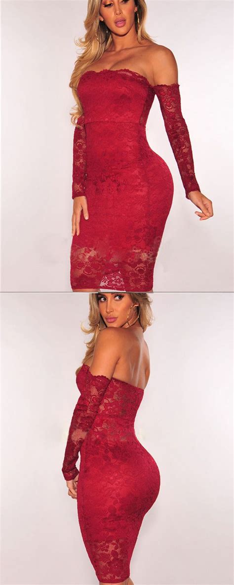 strapless red lace bodycon knee length clut dress with long sleeves