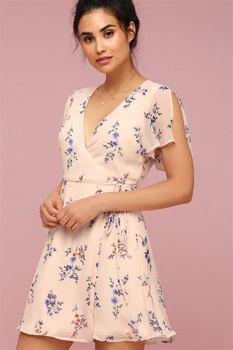 cute blush pink mini dress floral print dress wrap dress lulus