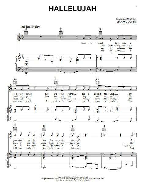 hallelujah sheet music leonard cohen piano vocal and guitar chords