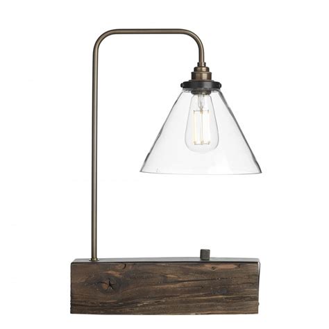 Wooden Base Table Lamp With Clear Glass Shade In Vintage