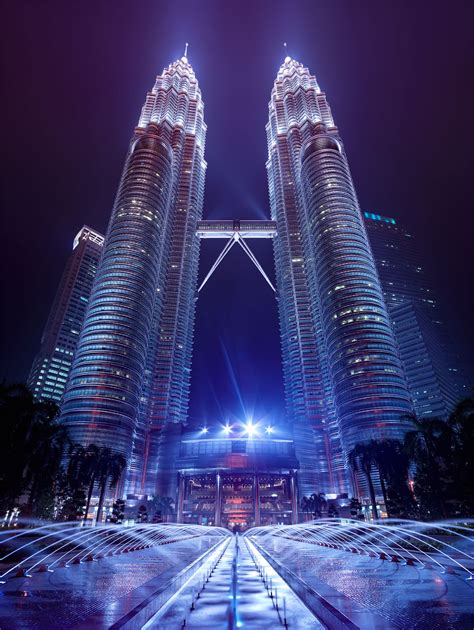 kuala lumpur klcc petronas towers malaysia city center fountains front entrance night long