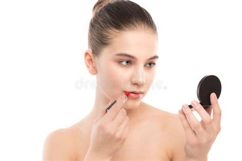 Young Brunette Woman With Perfect Clean Face Applying Lipstick Using