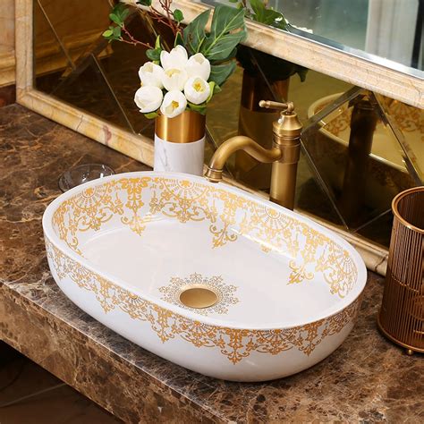 oval luxurious golden pattern ceramic art basin sinks counter top wash basin bathroom vessel