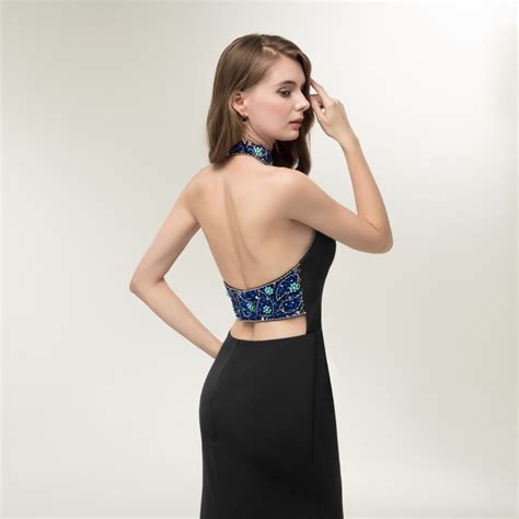 Sexy Mermaid High Neck Low Back High Slit Crystal Beaded Black Cut Out