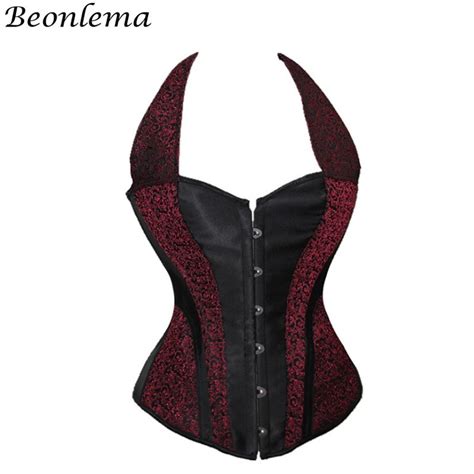 Beonlema Steam Punk Corset Sexy Neck Strap Corsets Bustiers Vintage Red