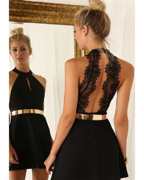2016 popular mini party dress with gold belt black chiffon lace sexy