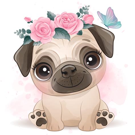 cute pug clipart  watercolor illustration