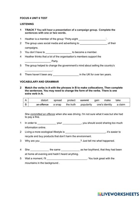 focus  unit  test worksheet   simple  tense vocabulary workbook