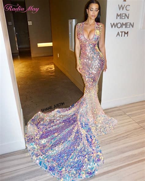 sexy deep v neck long mermaid glitter pink sequin prom dresses with