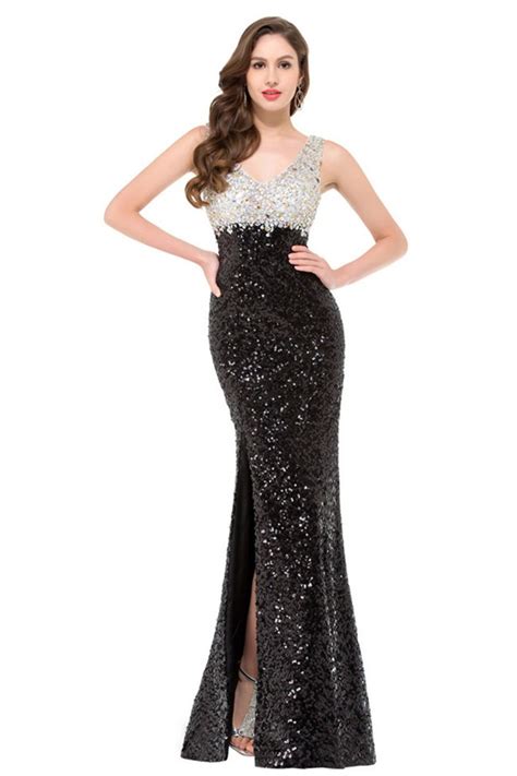 sexy v neck side slit black and silver sequin beaded prom