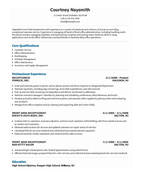 receptionist resume template   word  document