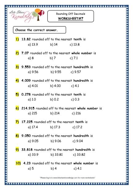 grade 4 maths resources 34 rounding off decimals printable worksheets