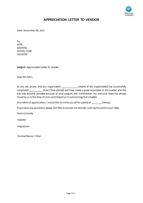 appreciation letter  vendor    letter template collection