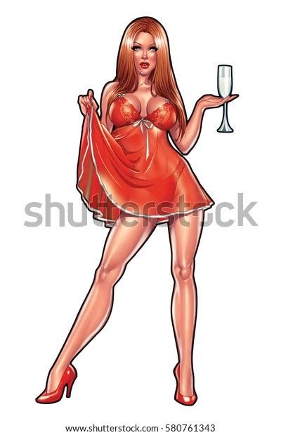 sexy pinup girl wearing lingerie holding stock illustration 580761343
