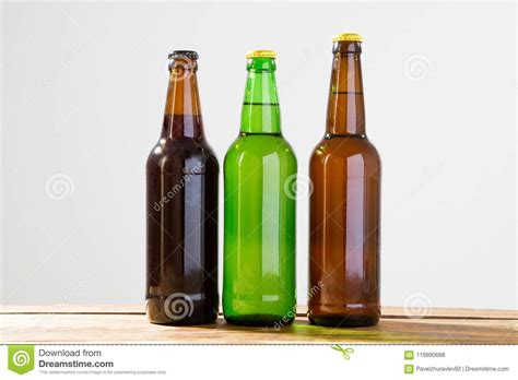 Beer Bottles On A Wooden Table Top View Selective Focus