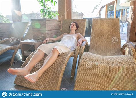 Woman Relaxes After Sauna In Relaxation Room Stock Image Image Of