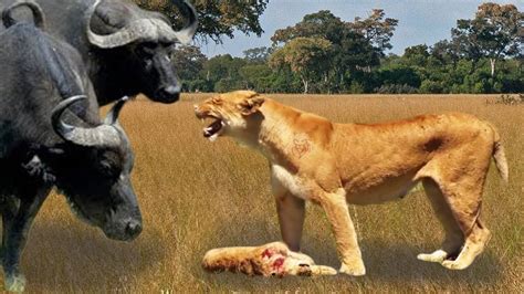 lion king  angry  bit  nose   wild buffalo