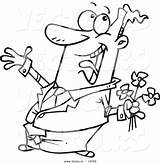 Cartoon Happy Coloring Man Outline Holding Flowers Vector Clipart Courtship Person Leishman Ron sketch template