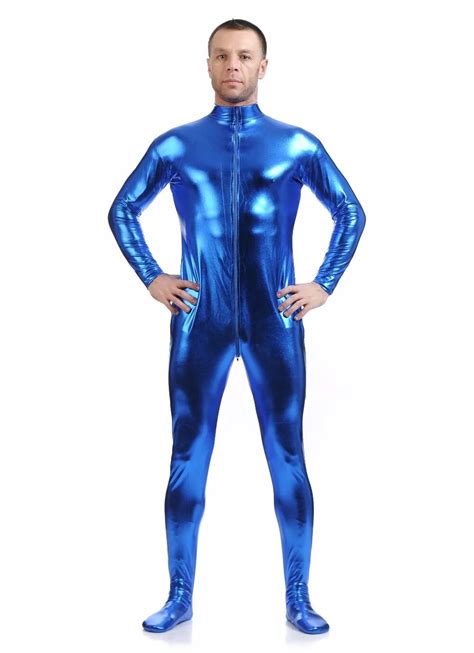 unisex blue zentai suit men front zip full body zentai catsuits spandex unitard mock neck