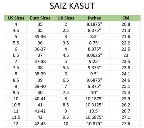 saiz kasut  uk eu cm sizing kasut malaysia katalog terbaru