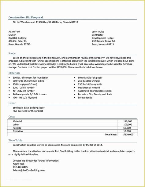 contractor bid sheet template   printable blank bid proposal